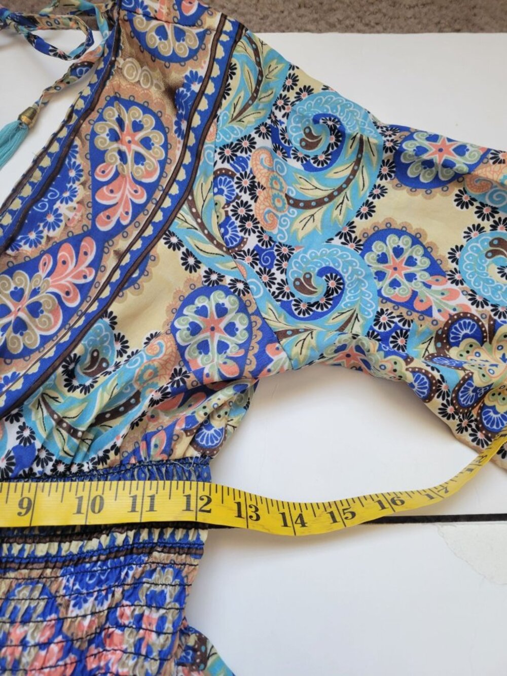Mauni bohemian-Style dress vibrant blue paisley print smocked waist High Low - Picture 11 of 12